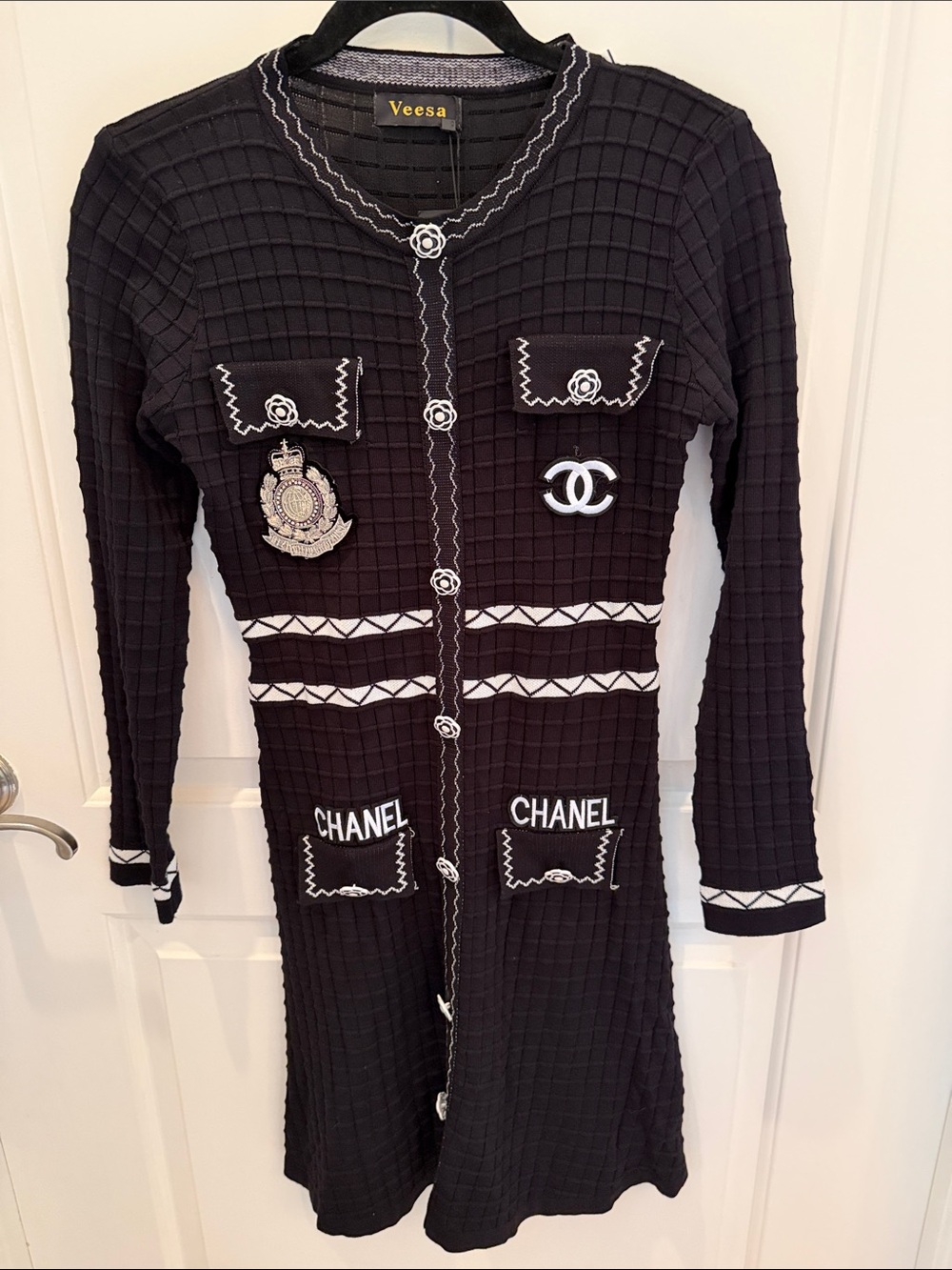 Black Long Knit Cardigan Dress with White Trim and Logo Patches